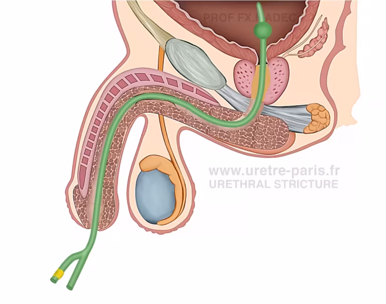 Sonde urinaire à demeure prolongée chez un patient présentant une sténose de l’urètre, illustrant une approche de prise en charge sous-optimale comparée à un traitement chirurgical définitif tel que l’urétroplastie