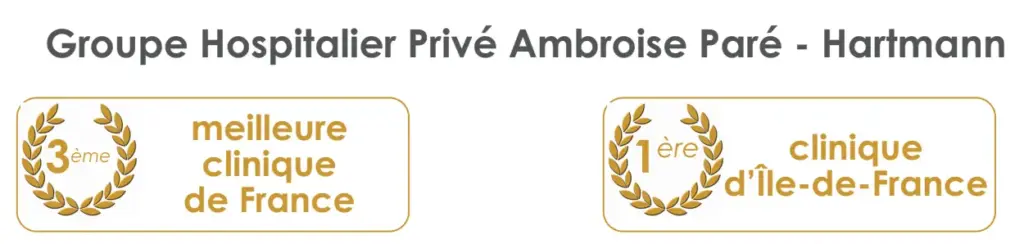 Médaille illustrant le classement de la clinique Ambroise Paré – Hartmann parmi les meilleures cliniques privées de France selon Le Point, magazine français de référence.