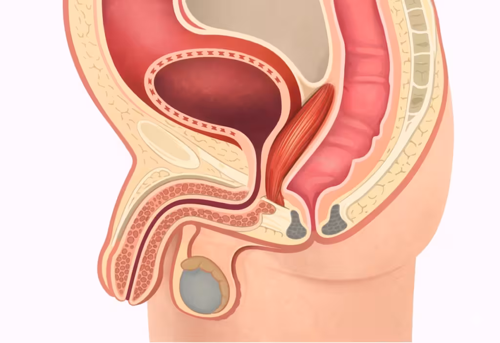 Schéma de réparation d’une fistule recto-urétrale par lambeau de muscle gracile, avec interposition d’un tissu vascularisé entre urètre et rectum pour assurer la fermeture et prévenir les récidives.