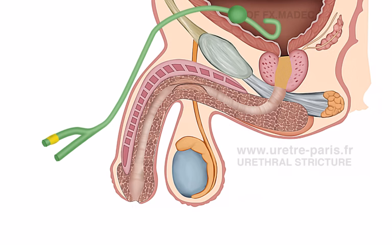 Sonde urinaire à demeure prolongée chez un patient présentant une sténose de l’urètre, illustrant une approche de prise en charge sous-optimale comparée à un traitement chirurgical définitif tel que l’urétroplastie