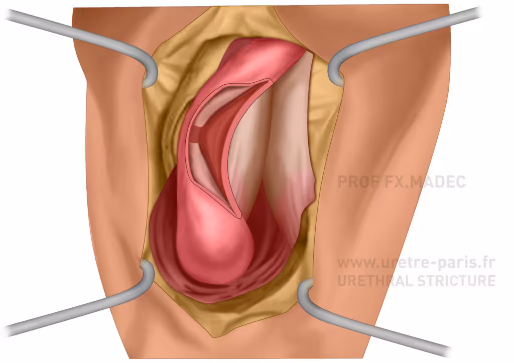 Schéma chirurgical d’une sténose urétrale bulbaire complexe après exérèse sans transection de la sténose et avant réparation anastomotique augmentée avec greffe de muqueuse buccale dorsale, illustrant une étape clé de la reconstruction urétrale avancée