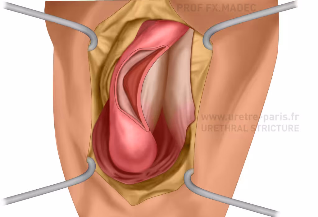 Schéma préopératoire d’une sténose urétrale bulbaire complexe avant urétroplastie anastomotique augmentée non transfixiante avec greffe de muqueuse buccale dorsale, illustrant une stratégie avancée de reconstruction urétrale
