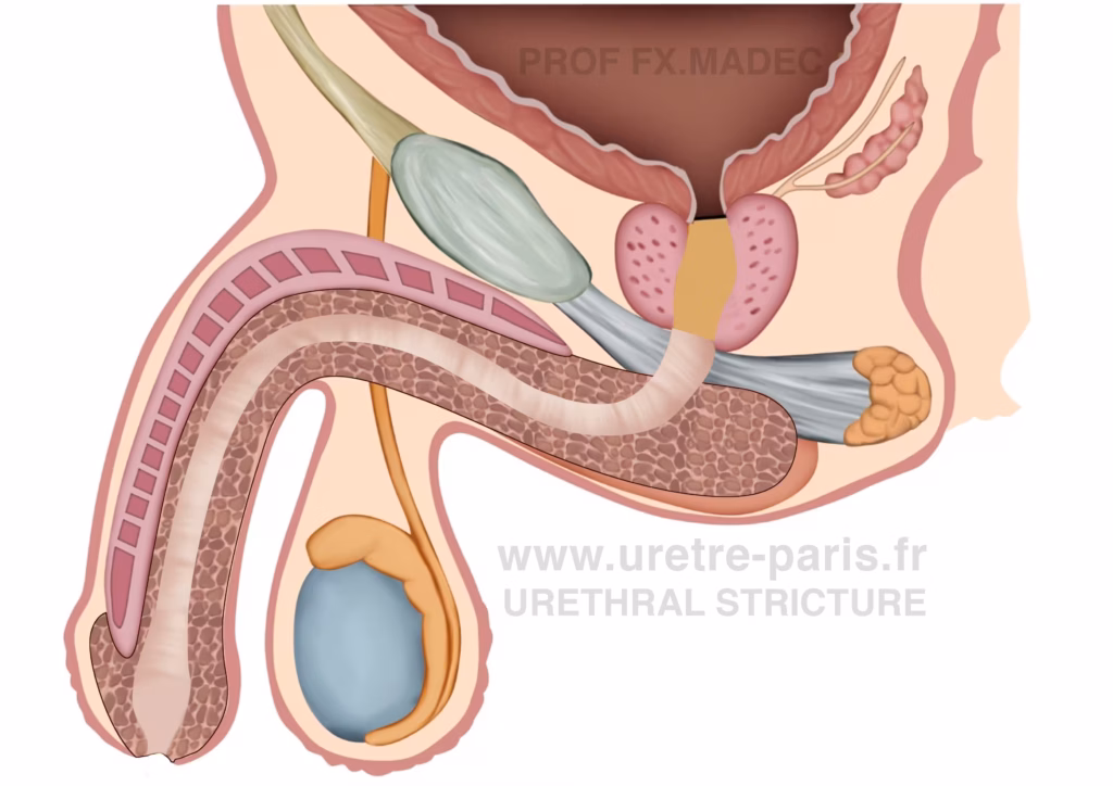 Urètre normal sans sténose — illustration schématique issue d’URETRE PARIS, centre expert en sténose urétrale et urétroplastie.